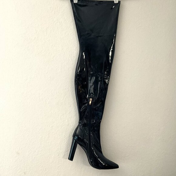NEW WSKEISP HEELED OVER THE KNEE BOOTS PATENT LEATHER PU CHUNKY BLOCK HEEL (Flaw - Picture 13 of 16
